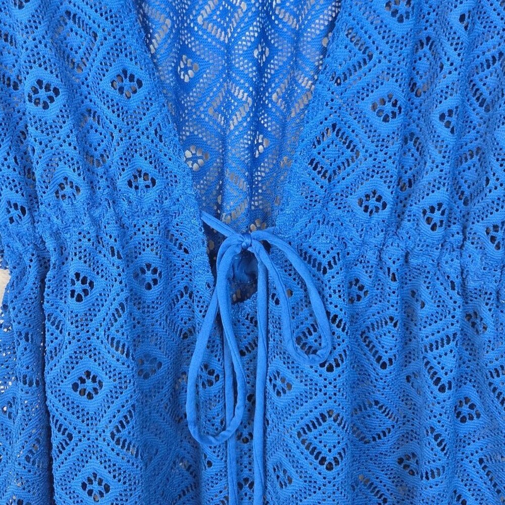 Wave Zone Blue Crochet Tie Waist V-Neck Beach Swimsuit Coverup Plus Size 1X - Picture 3 of 7